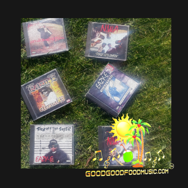 Six CDs Ruthless Records Eazy-E N.W.A displayed on grass